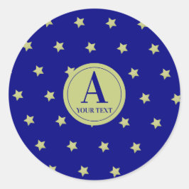Sticker Rond Elegant Gold & Blue Star Pattern Monogram