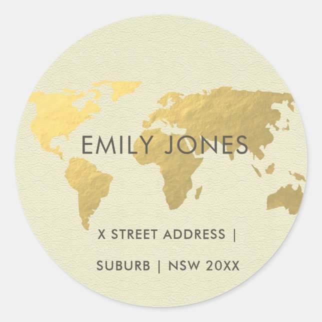 STICKER ROND ÉLÉGANT GOLD FAUX KRAFT WORLD MAP PERSONNALISÉ (Devant)
