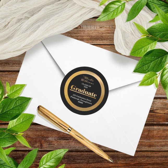 Sticker Rond Elegant Gold Graduate Black Adresse de retour (Créateur téléchargé)