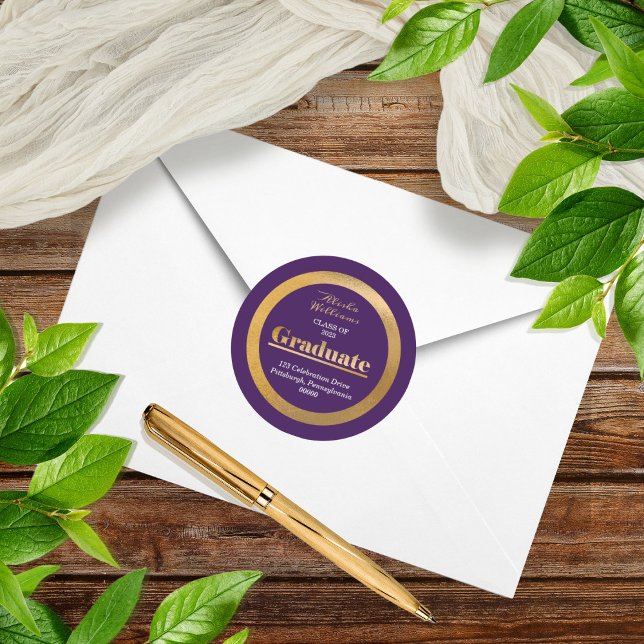 Sticker Rond Elegant Gold Graduate Dark Purple Adresse de retou (Créateur téléchargé)