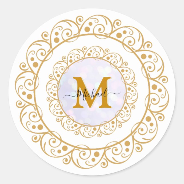 Sticker Rond Elegant Gold Parties scintillant Initial & Nom (Devant)