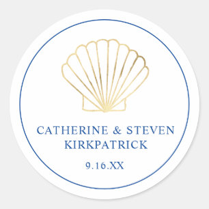 Sticker Rond Elégant Gold Seashell Beach Bleu Blanc Mariage