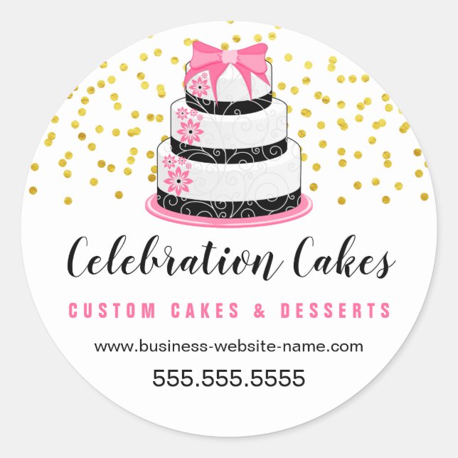 Sticker Rond Elégant Gold Sprinkings Pink Cake (Devant)