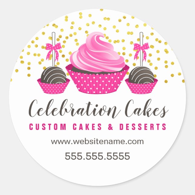 Sticker Rond Élégant Gold Sprinkings Pink Cupcake Cake Pops (Devant)