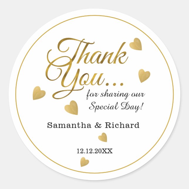 Sticker Rond Elegant Gold Thank You Heart Wedding  Favor (Devant)