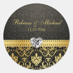 Sticker Rond Elégant Goldand Black Damask avec Diamond Heart
