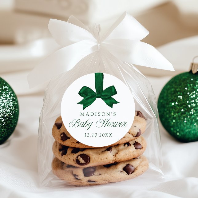 Sticker Rond Elegant Green Bow Christmas Baby Shower (Créateur téléchargé)