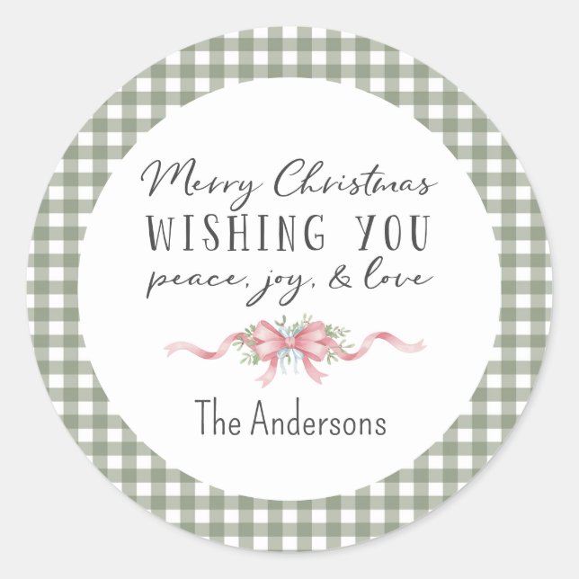 Sticker Rond Elegant Green Gingham Plaid Preppy Christmas (Devant)