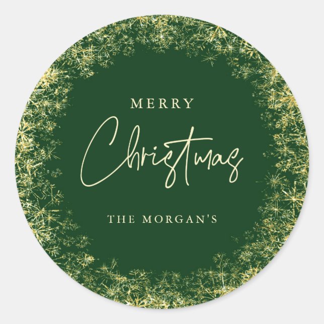 Sticker Rond Élégant Green Gold Snowflakes Joyeux Noël (Devant)