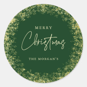Sticker Rond Élégant Green Gold Snowflakes Joyeux Noël