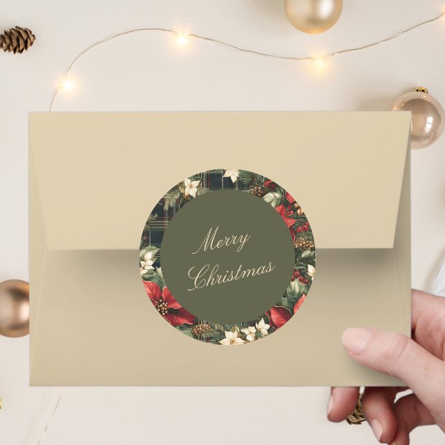 Sticker Rond Elegant Green Plaid Poinsettias Merry Christmas (Créateur téléchargé)