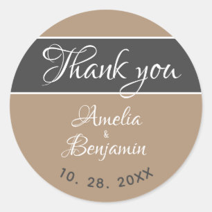Sticker Rond Elégant Gris Beige Typographie Mariage Merci