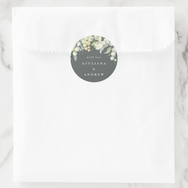 Sticker Rond Elégant Gris Vert Snowberry+Eucalyptus Mariage (Sac)