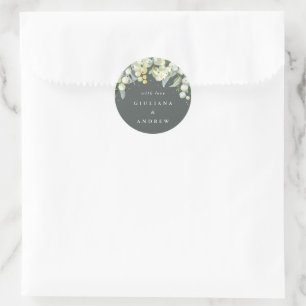 Sticker Rond Elégant Gris Vert Snowberry+Eucalyptus Mariage
