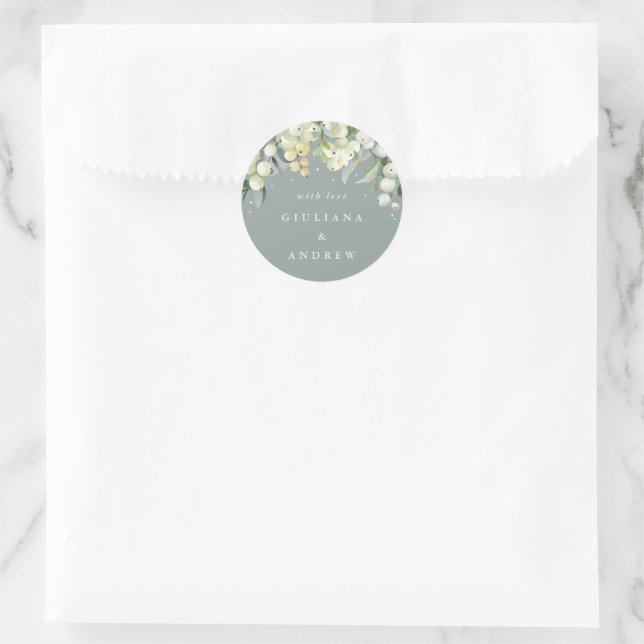 Sticker Rond Elégant Gris Vert Snowberry+Eucalyptus Mariage (Sac)