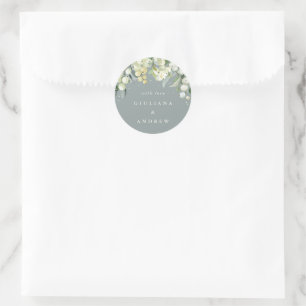 Sticker Rond Elégant Gris Vert Snowberry+Eucalyptus Mariage