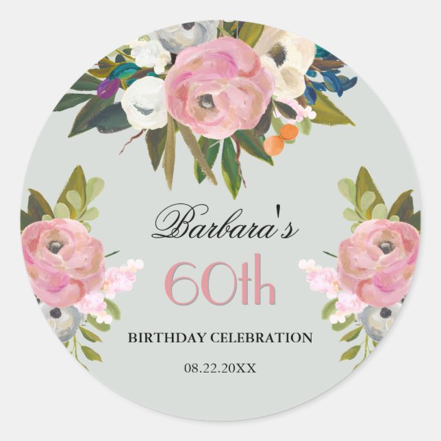 Sticker Rond Elegant Handpainted Floral 60th Birthday Welcome (Devant)