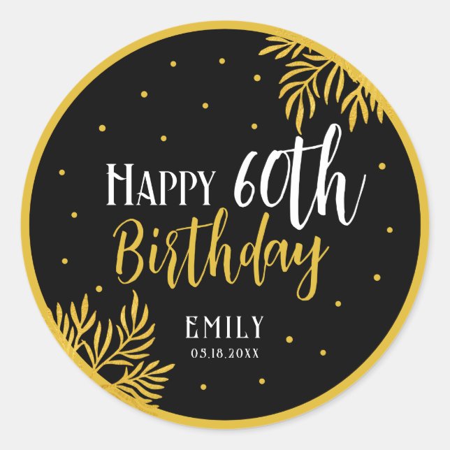 Sticker Rond Elegant Happy 60th Birthday Gold Foliage Party (Devant)
