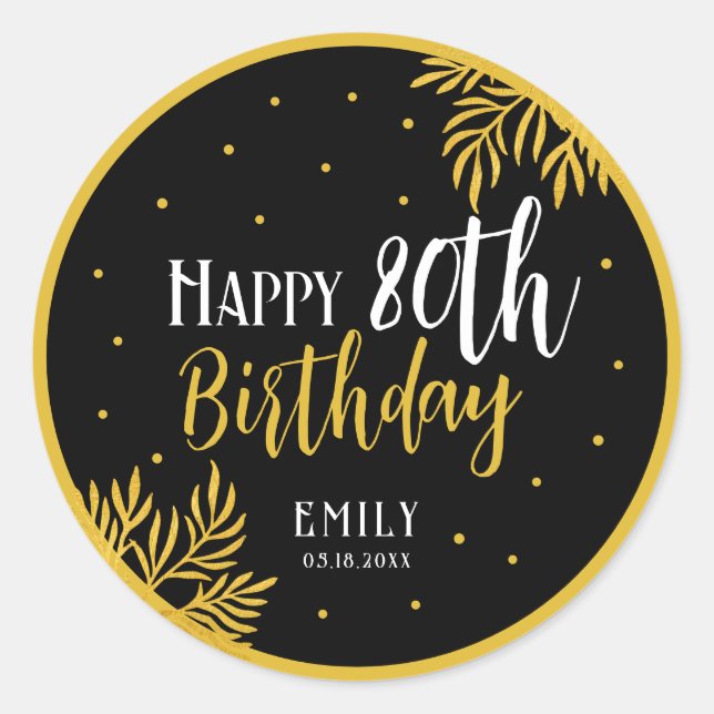 Sticker Rond Elegant Happy 80th Birthday Gold Foliage Party (Devant)