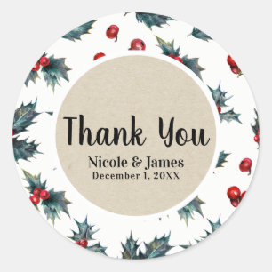 Sticker Rond Elégant Holly Berry Fête Mariage d'hiver Favoriser