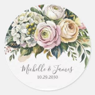 Sticker Rond Élégant Hydrangea Rose Fleurie Mariage à l'aquarel