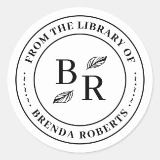 Sticker Rond Élégant Initiales Botaniques Rondes Bibliothèque p
