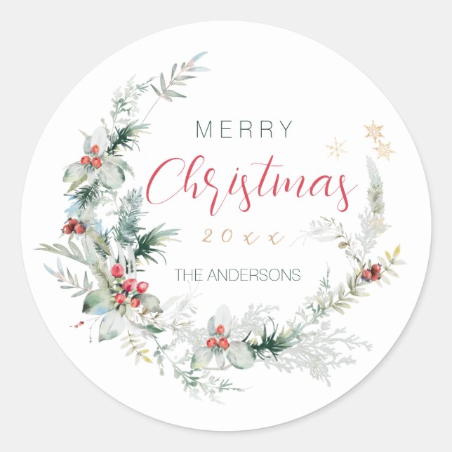 Sticker Rond Elégant Joyeux Noël demi-couronne d'aquarelle (Devant)