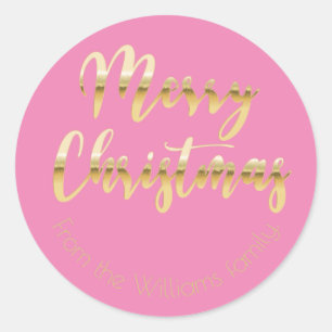 Sticker Rond Elégant Joyeux Noël or métallique look rose