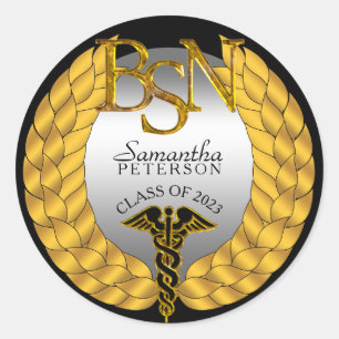 Sticker Rond Élégant Laurel Wreath BSN Nursing Degree Caduceus