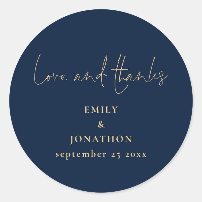 Sticker Rond Elegant Love Merci Script Marine Mariage or (Devant)