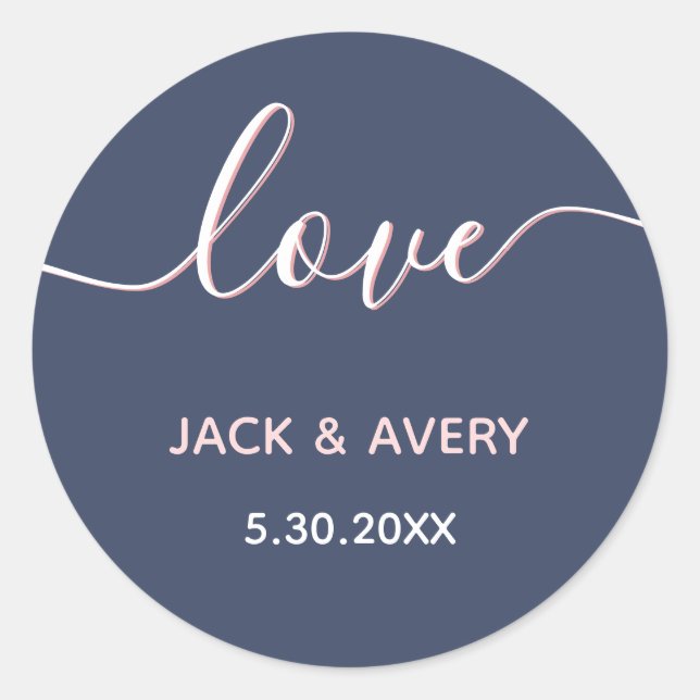 Sticker Rond Elegant Love Script Marine & Blush Mariage Date (Devant)