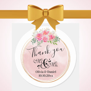 Sticker Rond Élégant M. et Mme Blush Mariage de fleurs roses