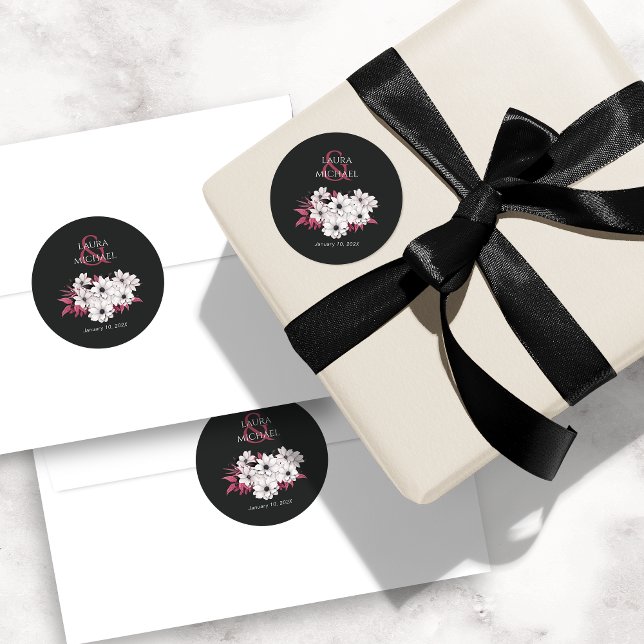 Sticker Rond Élégant Magenta noir floral (Créateur téléchargé)