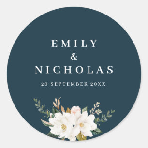 Sticker Rond élégant magnolia floral marine bleu mariage
