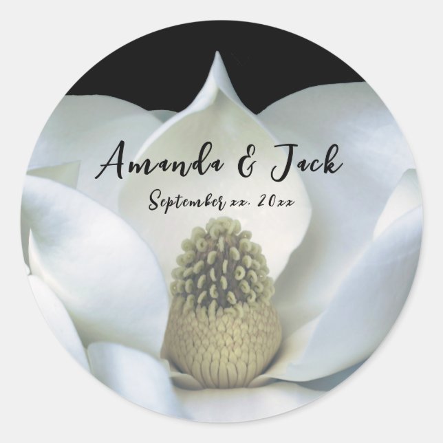 Sticker Rond Élégant Magnolia Mariage noir et blanc (Devant)