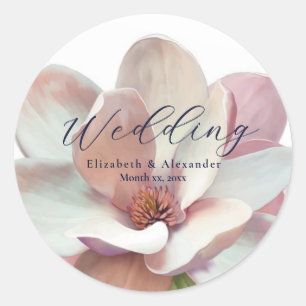 Sticker Rond Élégant Magnolia Mariage rose et blanc