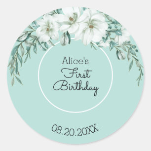 Sticker Rond Elégant Magnolia White Pastel Vert 1er anniversair
