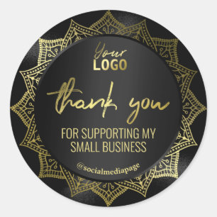 Sticker Rond Elégant Mandala Or Sur Logo Merci Noir