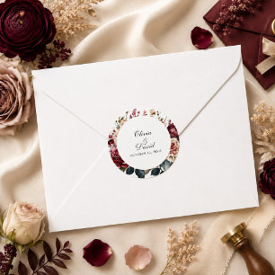Sticker Rond Élégant Mariage Bourguignon & Rose Poussiéreuse Fl