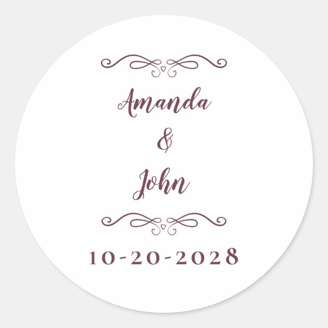 Sticker Rond Elégant Mariage Couples Noms Chic Bourgogne (Devant)