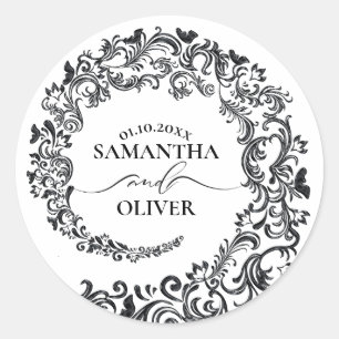Sticker Rond Elégant Mariage damassé noir et blanc