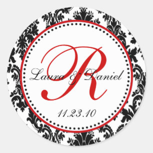 Sticker Rond Élégant Mariage damassé rouge noir blanc