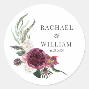 Sticker Rond Elégant Mariage d'aquarelle florale bordeaux