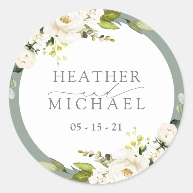 Sticker Rond Elégant Mariage d'aquarelle gris blanc vert (Devant)