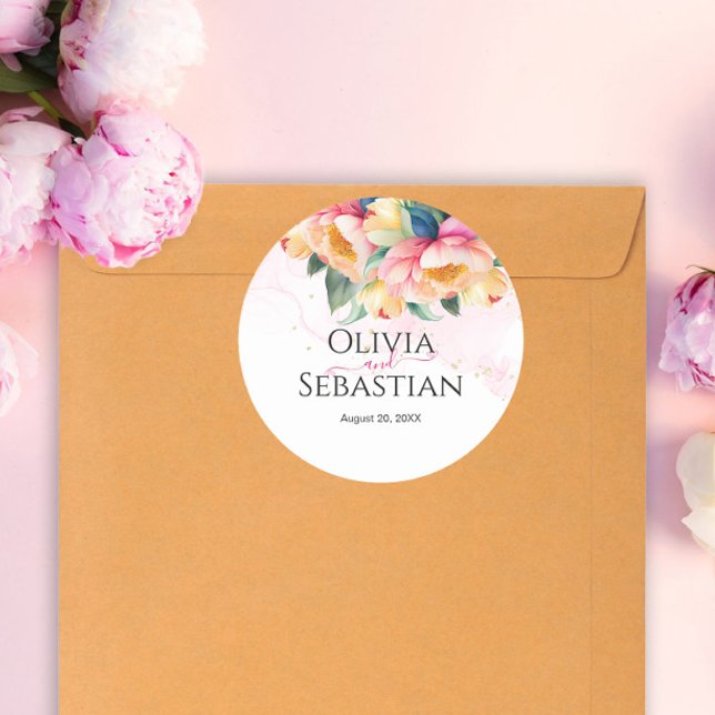 Sticker Rond Élégant Mariage d'aquarelle romantique Peony (Créateur téléchargé)