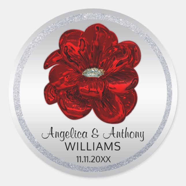 Sticker Rond Elégant Mariage d'argent, noir, rose rouge (Devant)