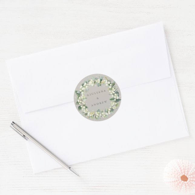 Sticker Rond Elégant Mariage de courge Greige Snowberry+Eucalyp (Enveloppe)