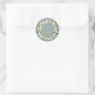 Sticker Rond Elégant Mariage de courge vert Snowberry+Eucalyptu