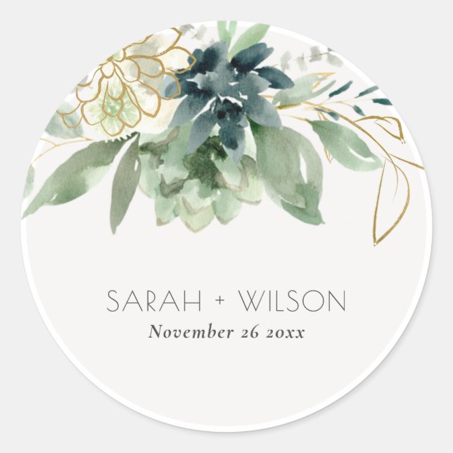 Sticker Rond Élégant Mariage de feuillage gris bleu bleu brilla (Devant)