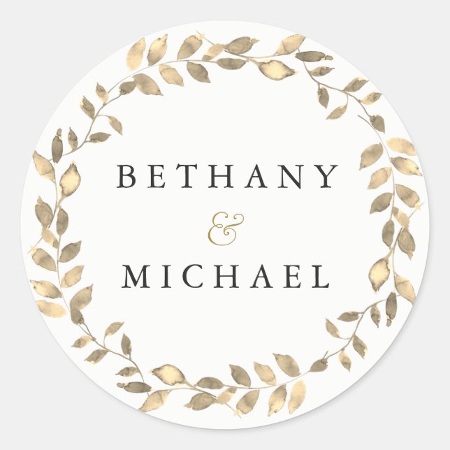 Sticker Rond Élégant Mariage de feuille d'or moderne Nom (Devant)